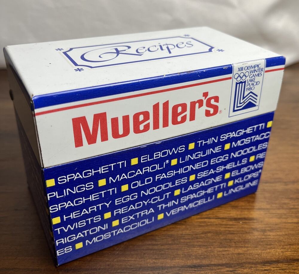 VINTAGE 1980 MUELLER'S METAL RECIPE BOX - XIII OLYMPIC WINTER GAMES LAKE PLACID